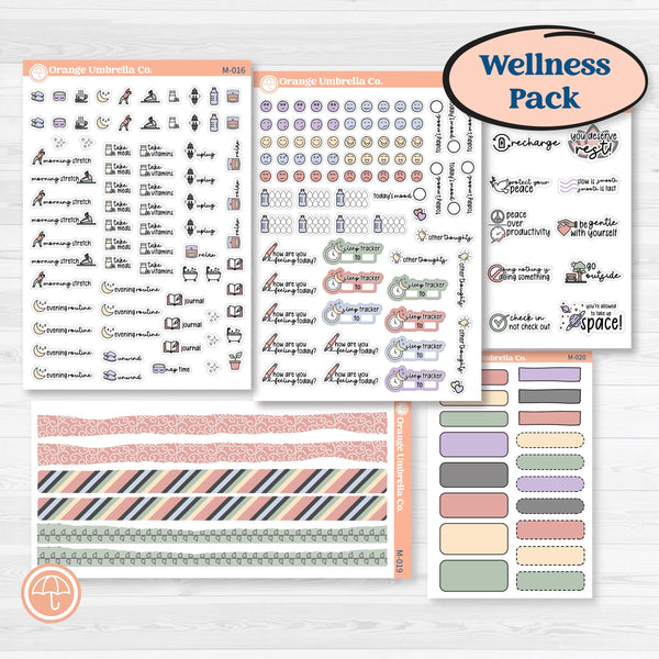 Wellness Pack planner stickers — Rest and Recharge bundle with icons, trackers, quotes, and washi for wellness and self-care planning
