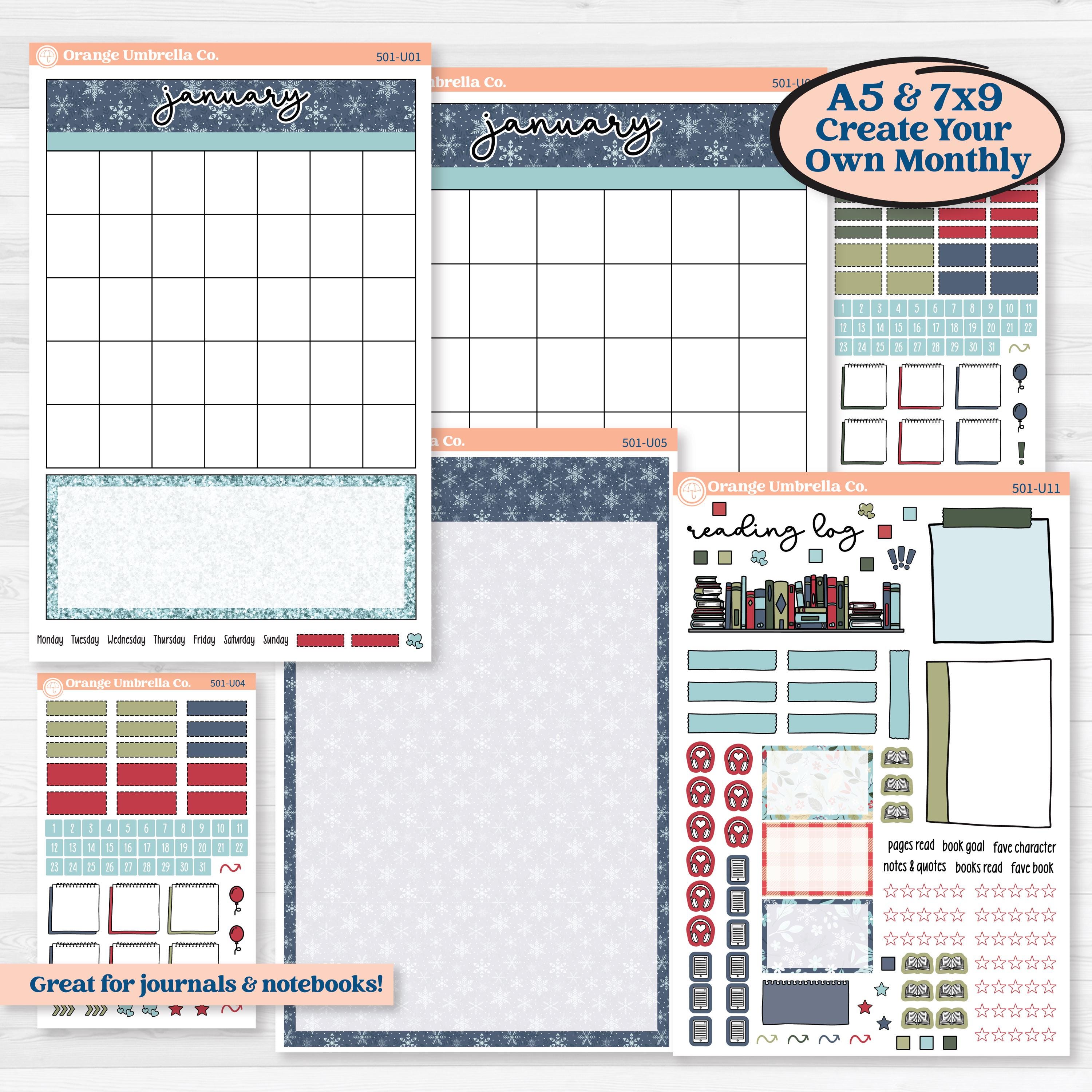 Winter Snowflake Kit | A5 or 7x9 Create Your Own Monthly Universal | Monthly & Reading Log Sticker Kit | Snow Problem | KIT-501-U