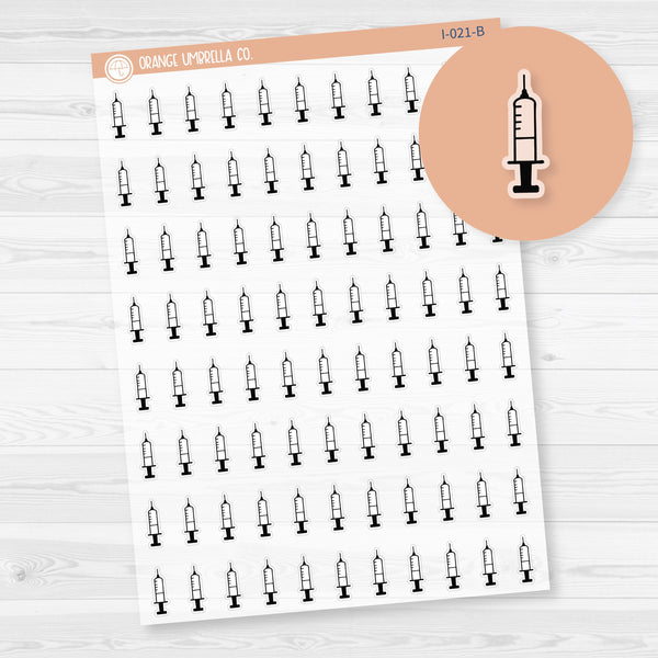 Clear matte syringe icon planner stickers in assorted colors, transparent medical tracking sheet for health and wellness planners.
