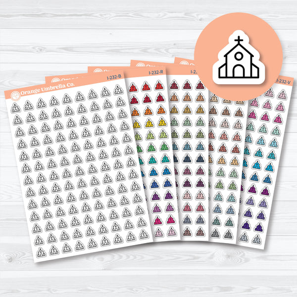 Simple church icon planner stickers in assorted colors, white matte sheet for faith journaling or Sunday planning. 
