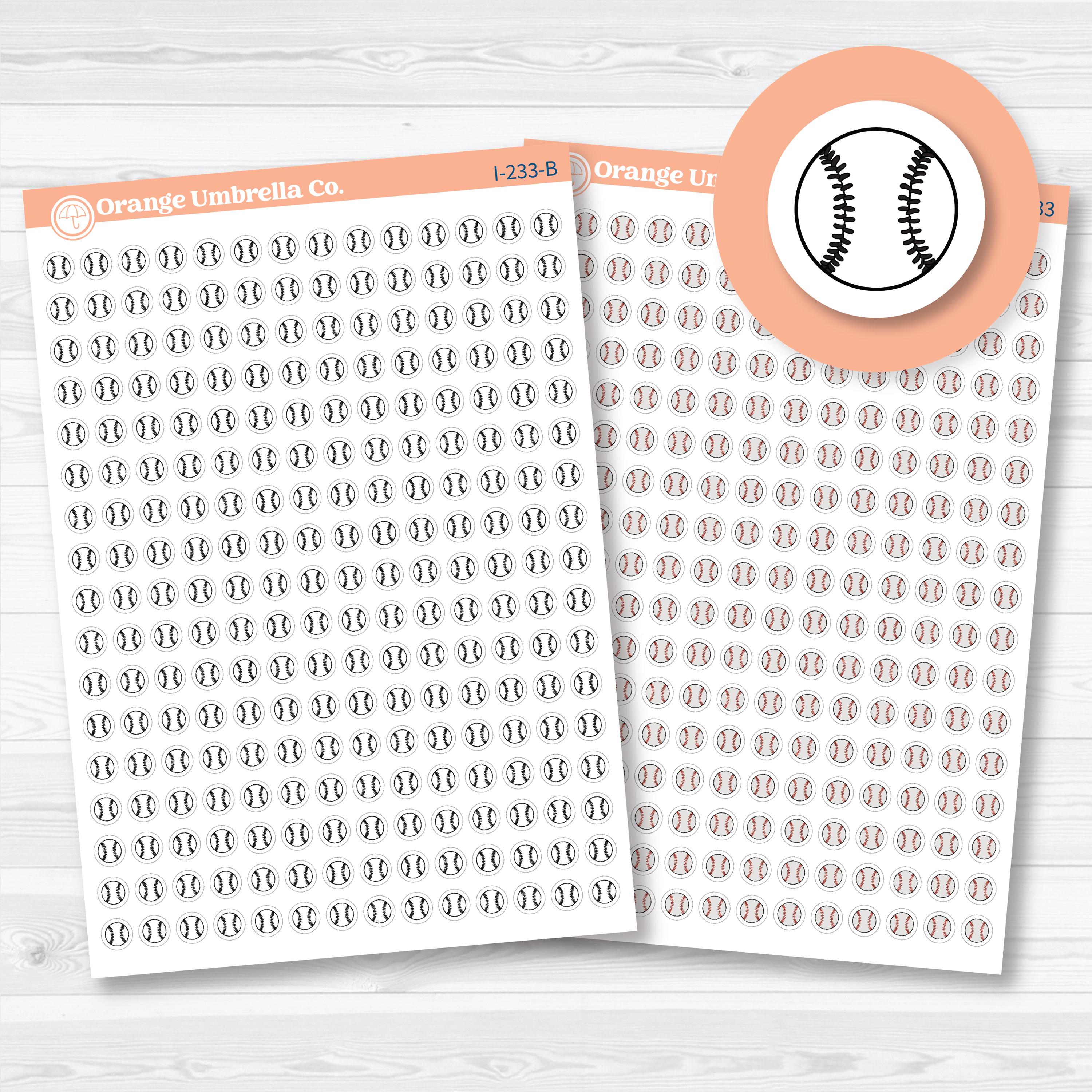 Micro baseball icon planner stickers, white matte sheet with small sports icons for planners, journals, and team trackers.
