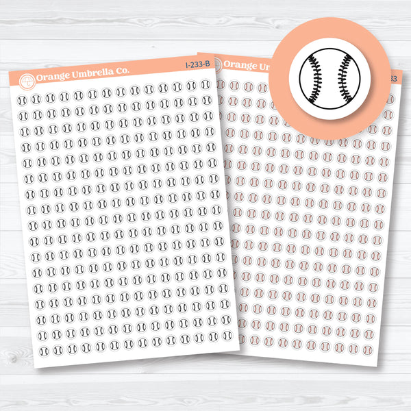Micro baseball icon planner stickers, white matte sheet with small sports icons for planners, journals, and team trackers.
