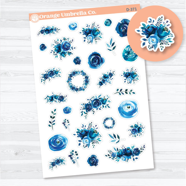 Blue floral decorative planner stickers on white matte paper, watercolor flower designs for scrapbooking, journaling, and creative planning.