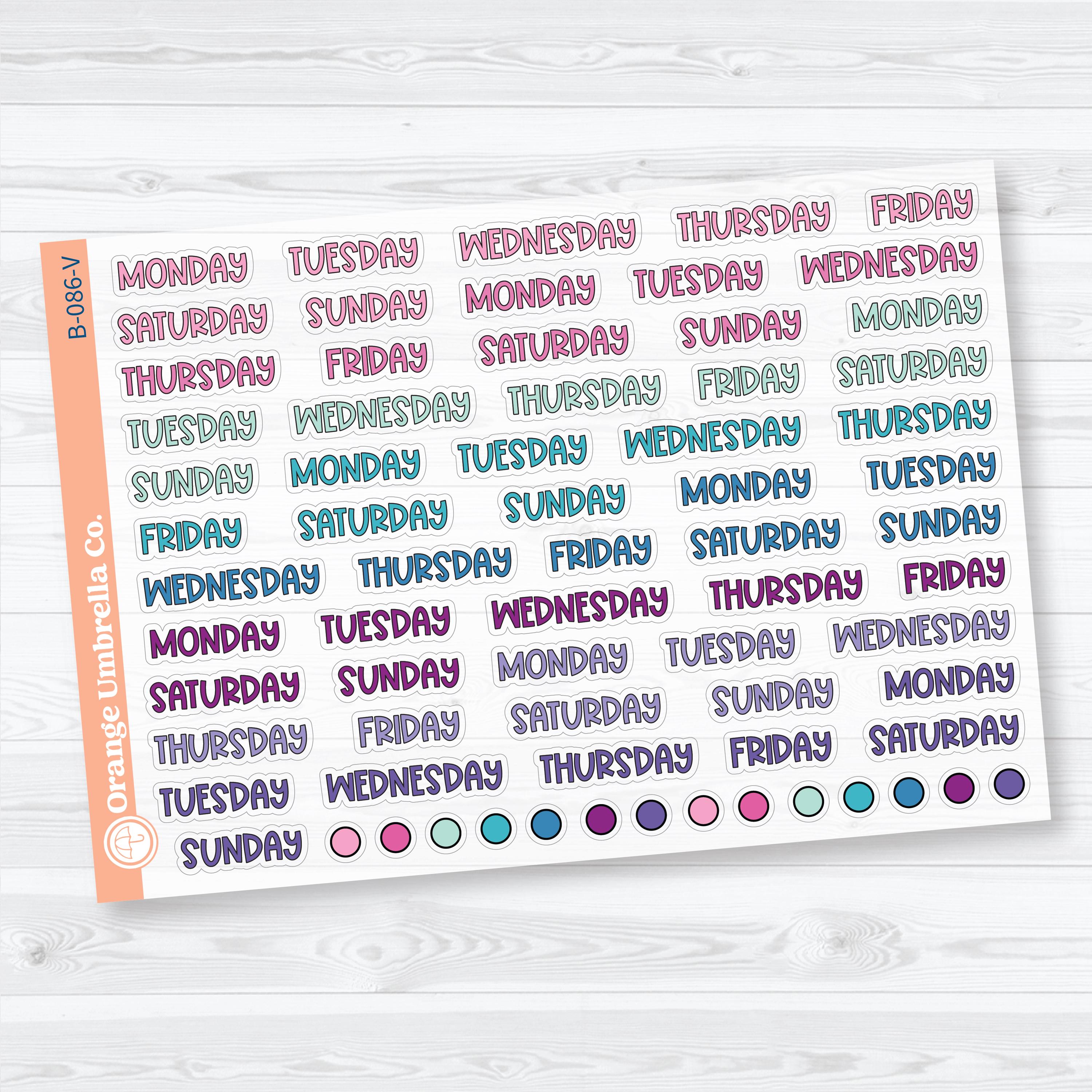 Clear Matte Days of the Week Funky Font Planner Stickers | B-086-CM