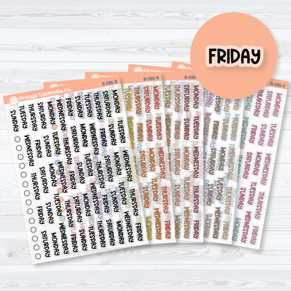 Clear matte Days of the Week planner stickers in Funky Font style, transparent weekday headers for bullet journals and planners.