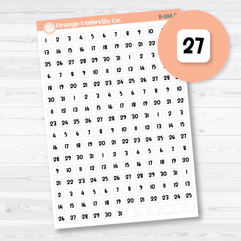 Mini Date Dots Funky Font planner stickers sheet with black number dots by Orange Umbrella Co