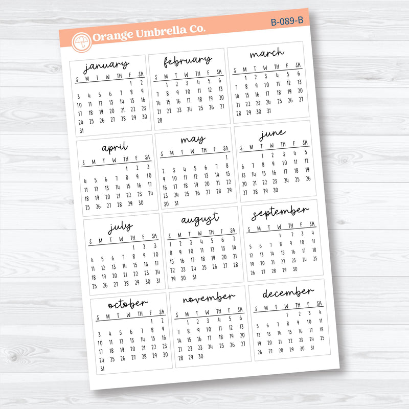 2027 Mini Calendar Planner Stickers | F17 Script Mini Monthly Calendars | B-089