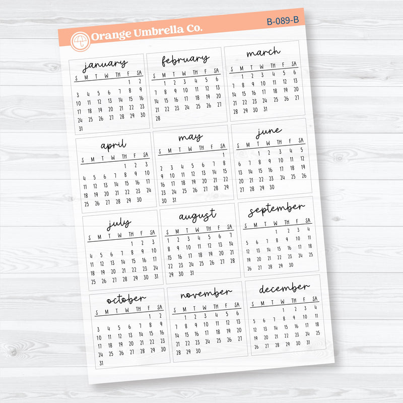 2027 Mini Calendar Planner Stickers | F17 Script Mini Monthly Calendars | B-089