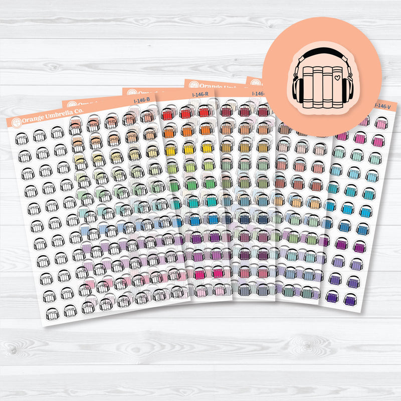 Audiobook icon planner stickers in assorted colors, white matte sheet for reading or journaling planners.
