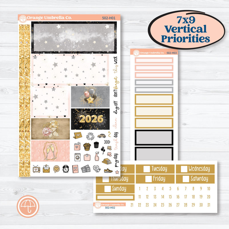 New Year’s Day Kit | Plum Vertical Priorities 7x9 Planner Kit Stickers | All That Glitters | KIT-502-H