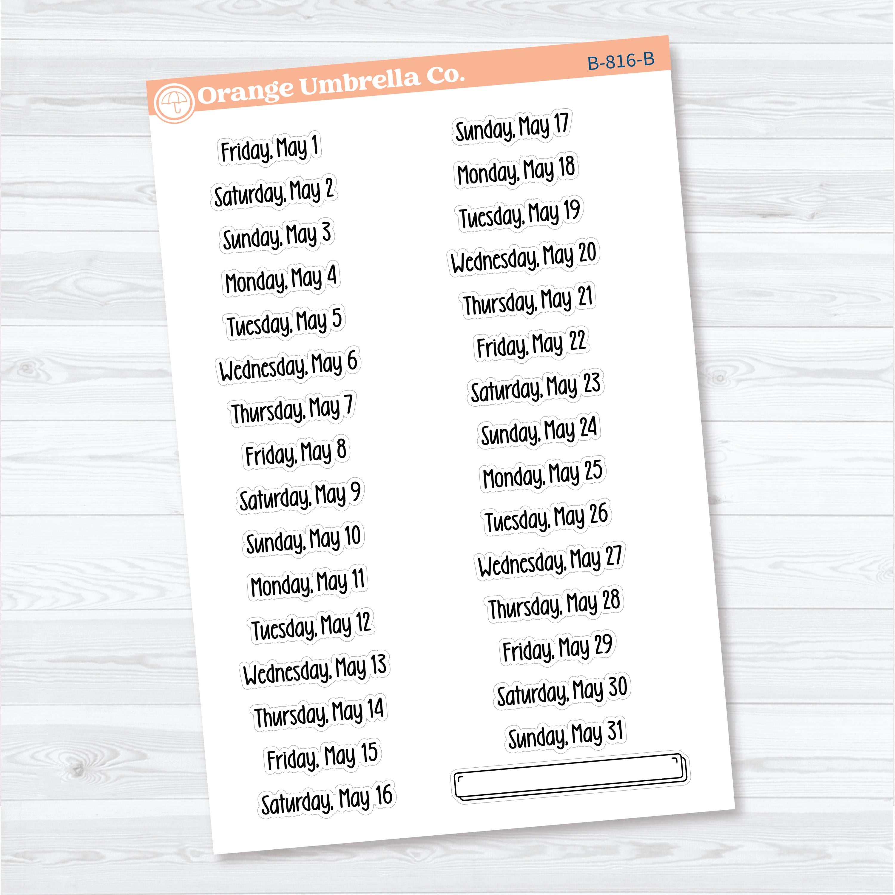 2026 Dates of the Month Planner Stickers | F18 Print | January–June | B-812–817-B