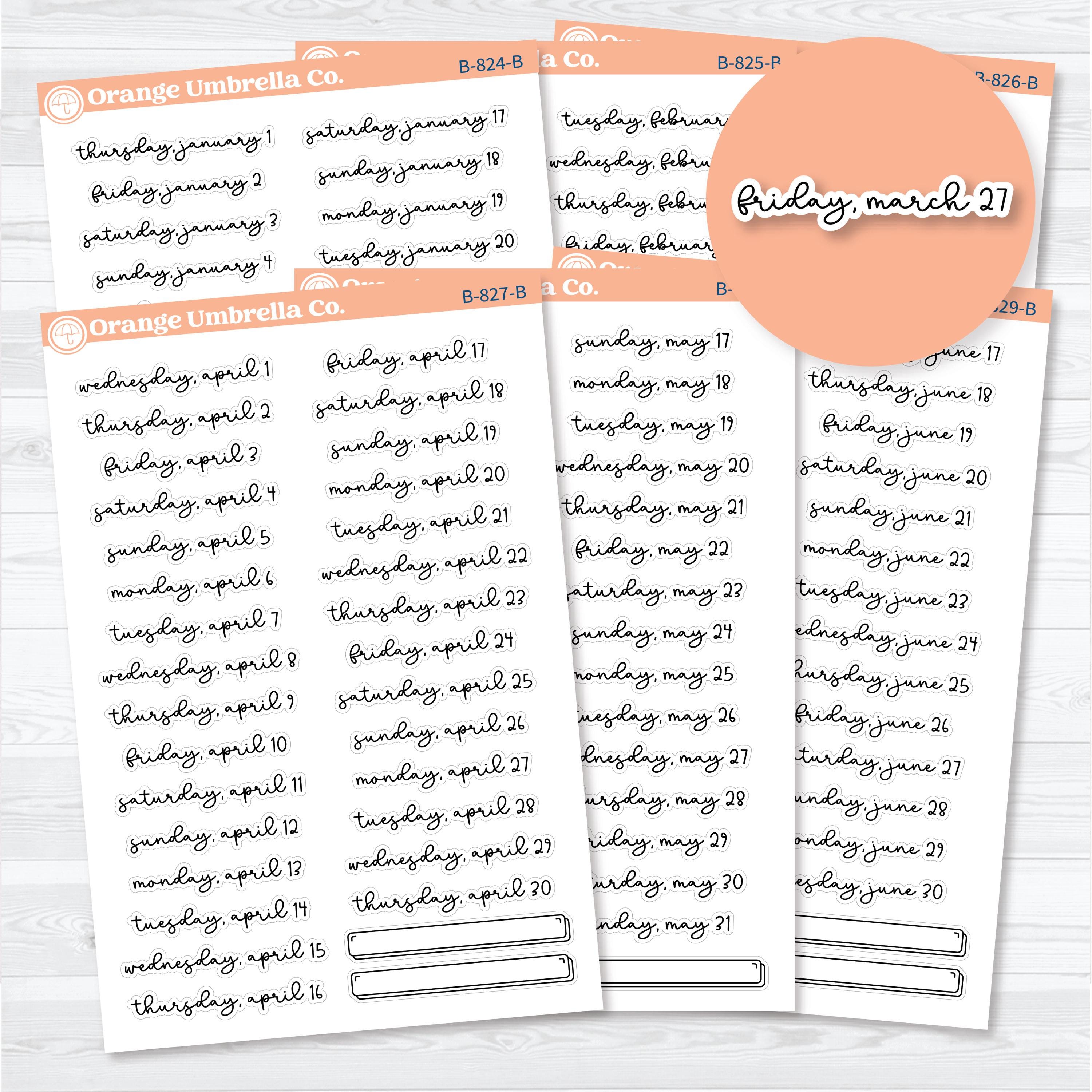 2026 monthly date stickers in F18 script for planners and journals, white matte sheets January through June by Orange Umbrella Co.