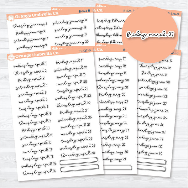 2026 monthly date stickers in F18 script for planners and journals, white matte sheets January through June by Orange Umbrella Co.