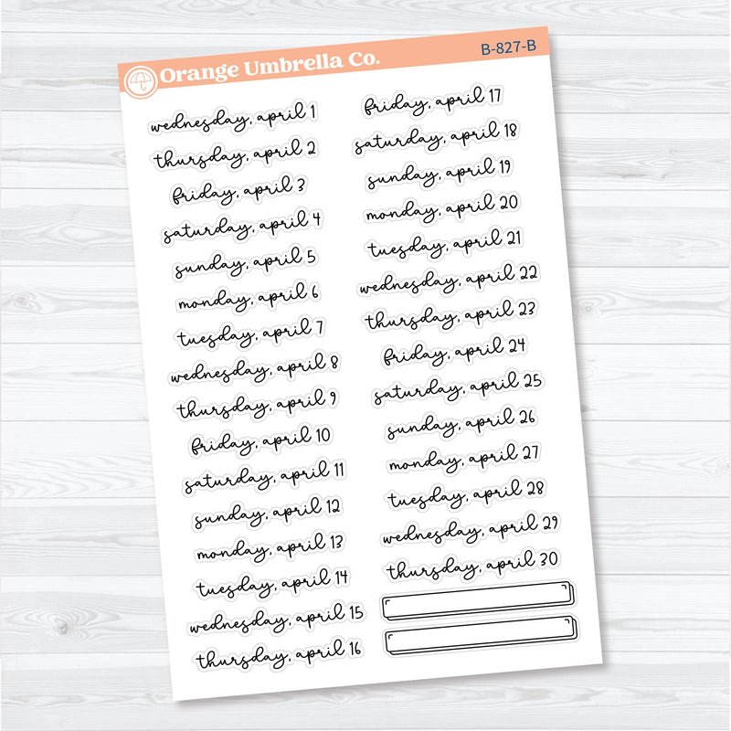 2026 Dates of the Month Planner Stickers | F18 Script | January–June | B-824–829-B