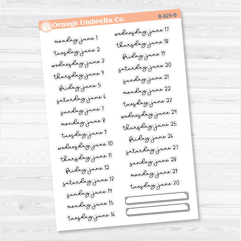 2026 Dates of the Month Planner Stickers | F18 Script | January–June | B-824–829-B
