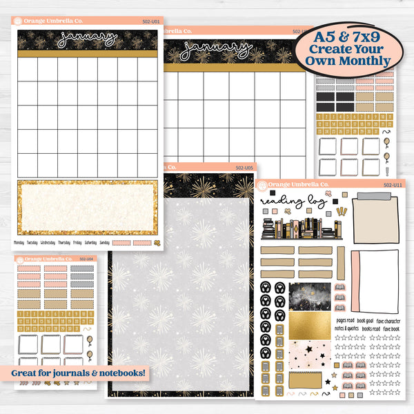 New Year’s Day Kit | A5 or 7x9 Create Your Own Monthly or Dashboard | Monthly & Reading Log Sticker Kit | All That Glitters | KIT-502-U