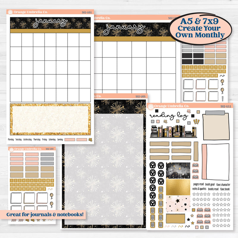 New Year’s Day Kit | A5 or 7x9 Create Your Own Monthly or Dashboard | Monthly & Reading Log Sticker Kit | All That Glitters | KIT-502-U