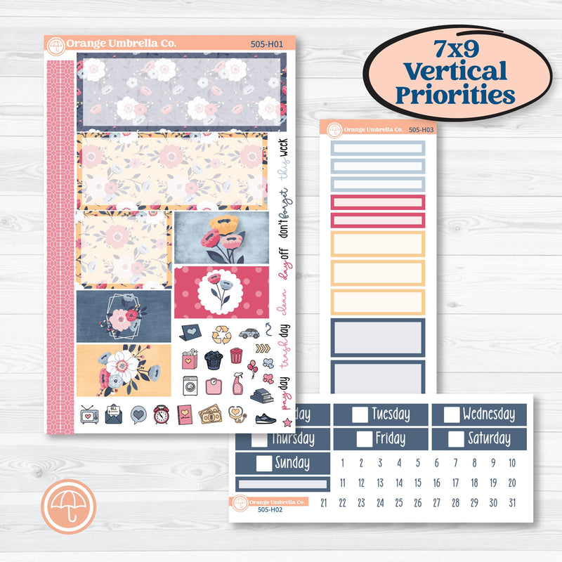 Cheerful Floral Kit | Plum Vertical Priorities 7x9 Planner Kit Stickers | Beatriz | KIT-505-H