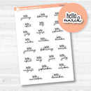 Hello months script planner stickers in F18 font, white matte sheet with January through December designs for planners and journals.
