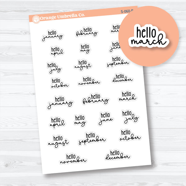Hello months script planner stickers in F18 font, white matte sheet with January through December designs for planners and journals.
