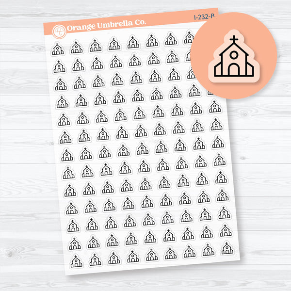 Clear matte church icon planner stickers in assorted colors, transparent sheet for faith journaling or Sunday planning.