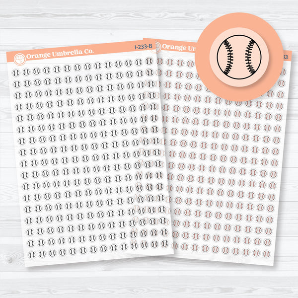 Clear matte micro baseball icon planner stickers, transparent sheet with small sports icons for planners, journals, or team tracking.