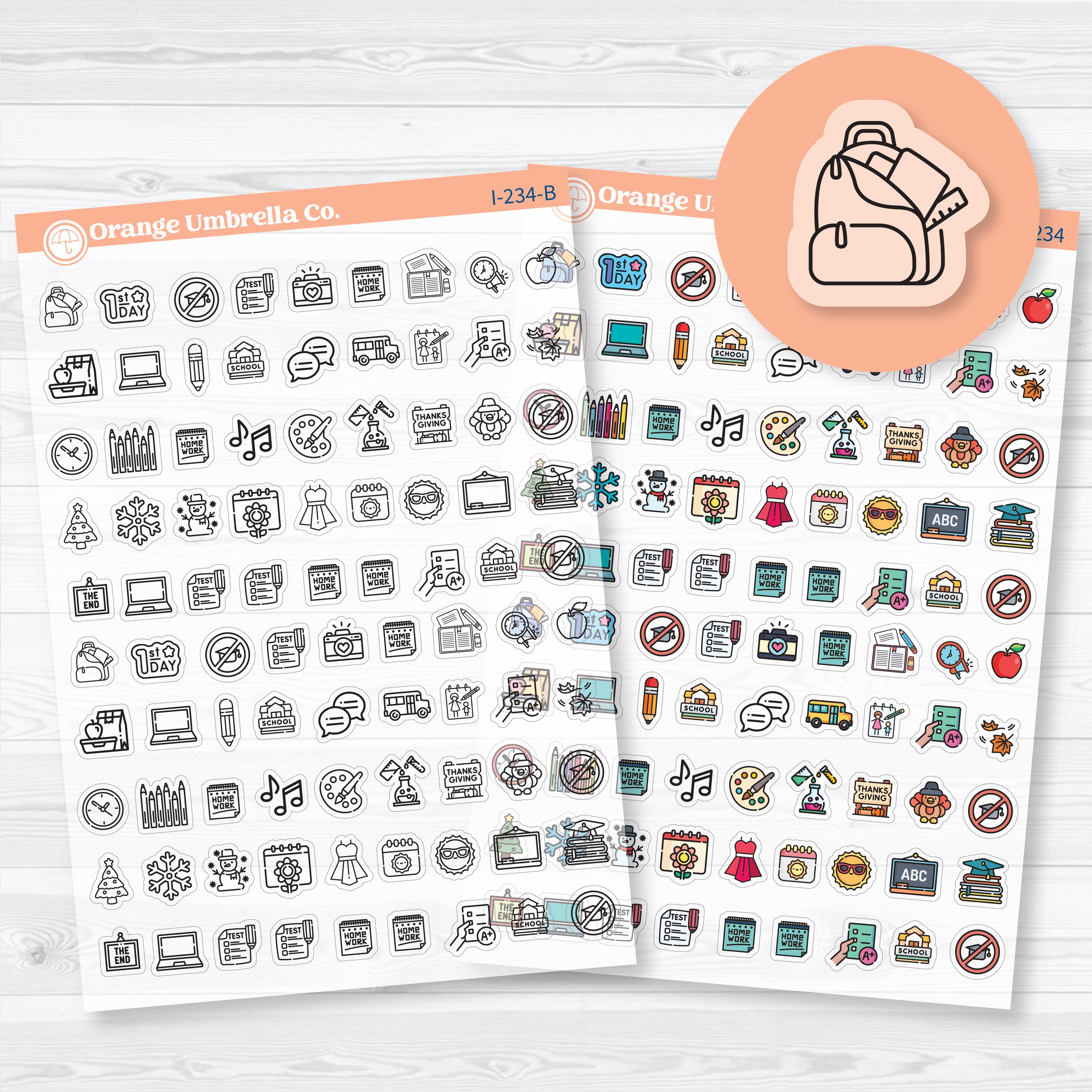 Clear matte school event icon planner stickers, transparent sheet with colorful classroom and education designs for planners and journals.
