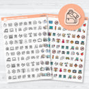 Clear matte school event icon planner stickers, transparent sheet with colorful classroom and education designs for planners and journals.
