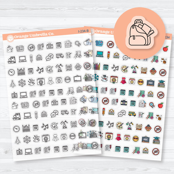 Clear matte school event icon planner stickers, transparent sheet with colorful classroom and education designs for planners and journals.
