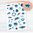 Clear matte blue floral decorative stickers with watercolor flowers for scrapbooking, junk journaling, and planner layouts.