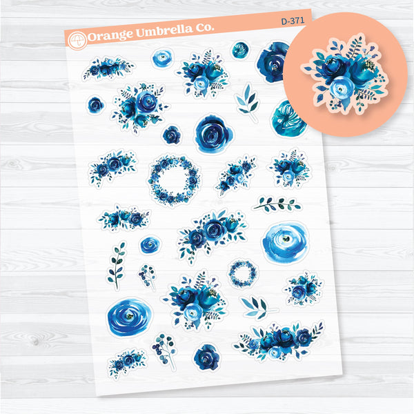Clear matte blue floral decorative stickers with watercolor flowers for scrapbooking, junk journaling, and planner layouts.