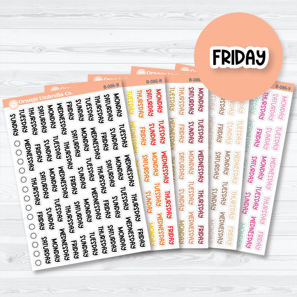 Days of the Week planner stickers in Funky Font style, bold weekly labels for journals and planners on white matte paper.