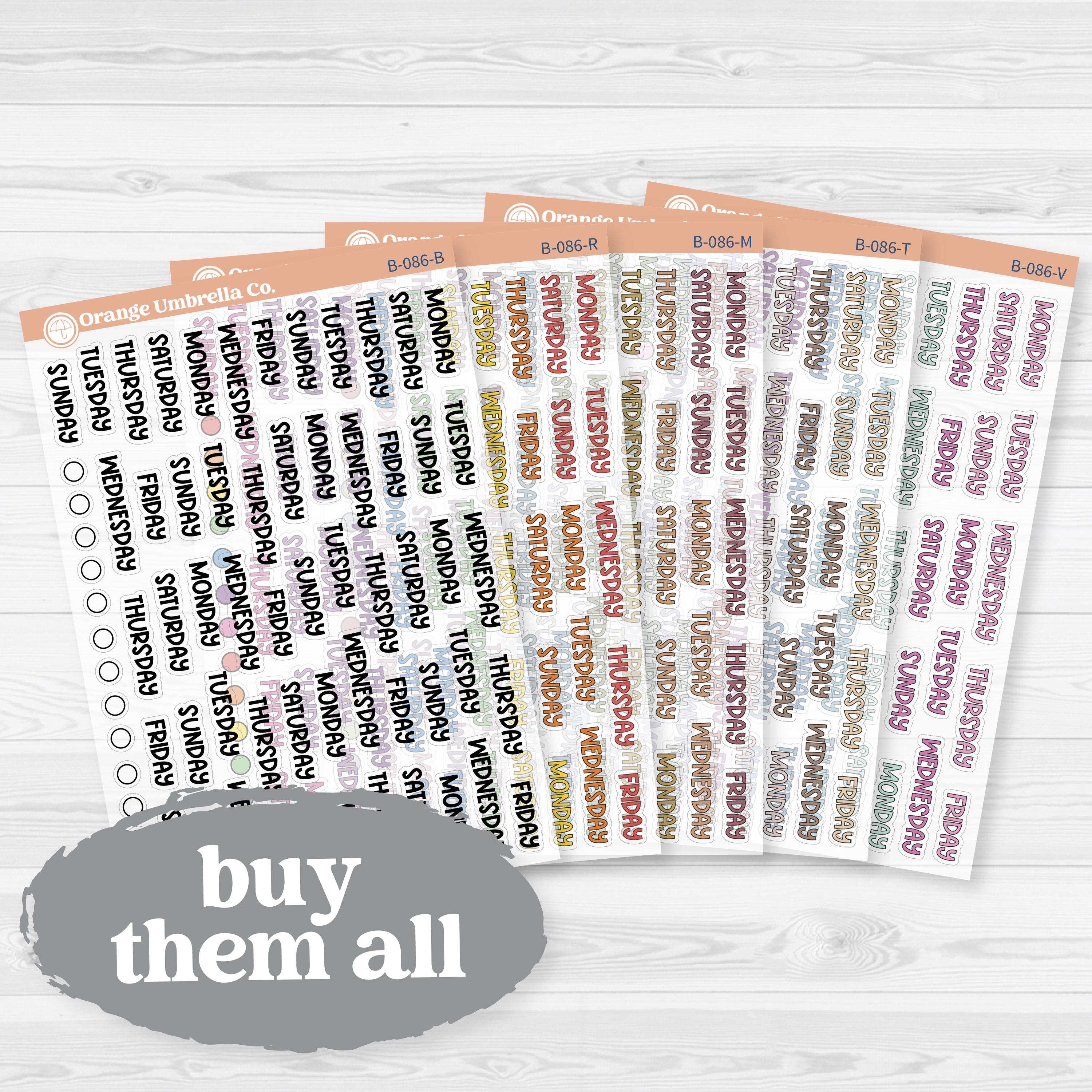 Clear Matte Days of the Week Funky Font Planner Stickers | B-086-CM