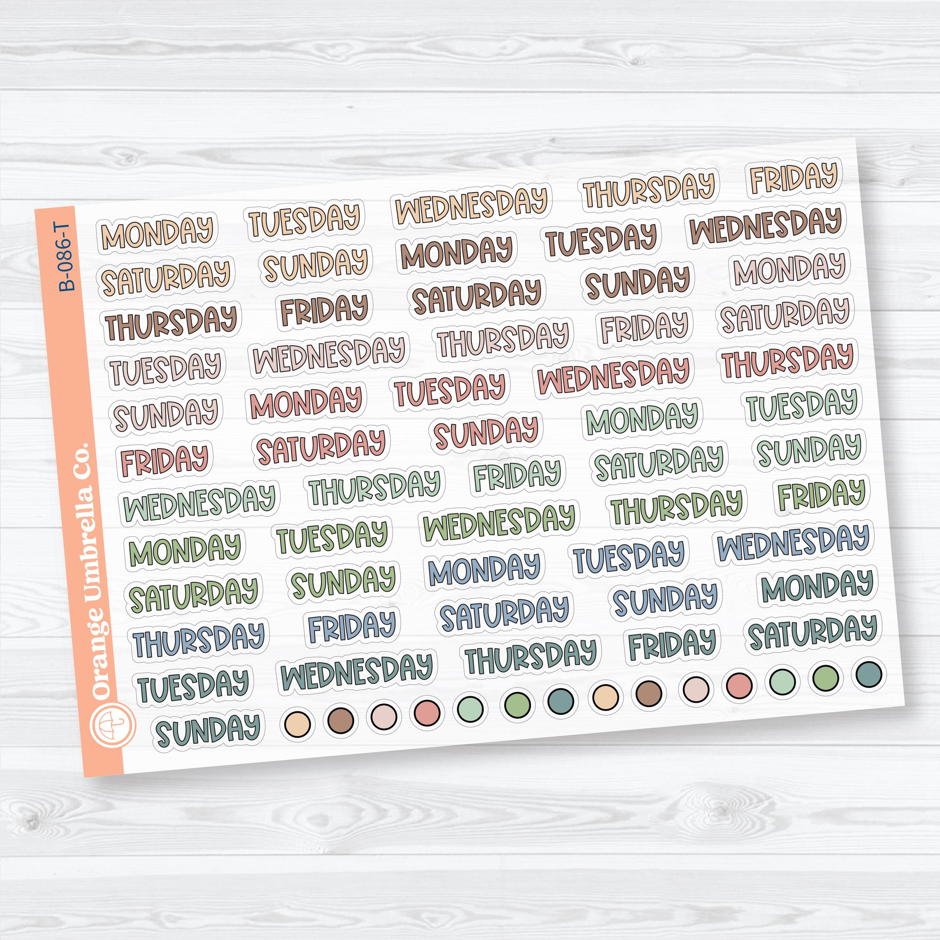 Clear Matte Days of the Week Funky Font Planner Stickers | B-086-CM