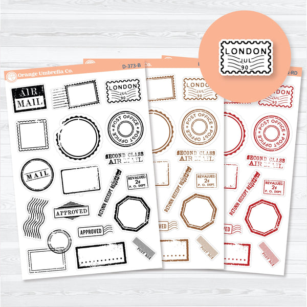 Vintage postmark stamp planner stickers for scrapbooking, journaling, and paper crafts in distressed postal designs.