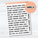 Mini Months Funky Font planner stickers sheet with month labels in black script style by Orange Umbrella Co
