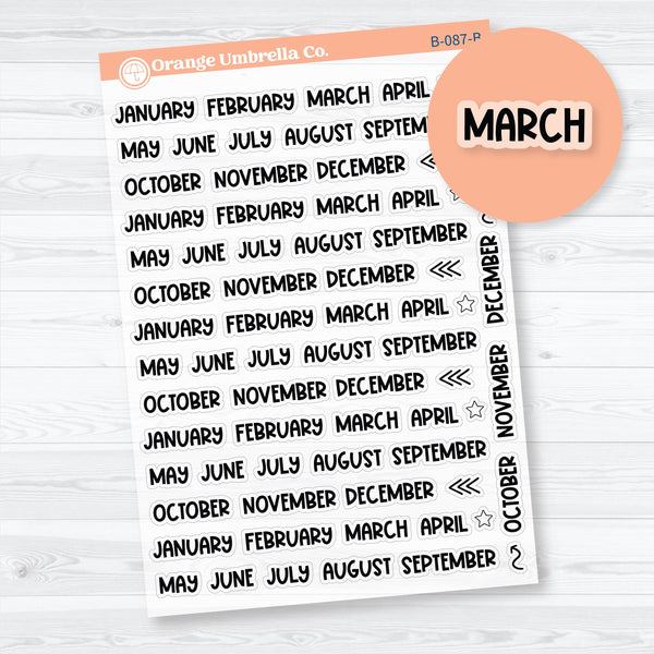 Mini Months Funky Font clear matte planner stickers sheet with transparent month labels by Orange Umbrella Co