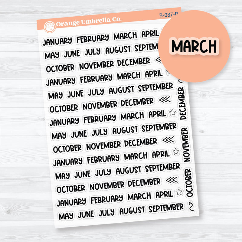 Mini Months Funky Font clear matte planner stickers sheet with transparent month labels by Orange Umbrella Co