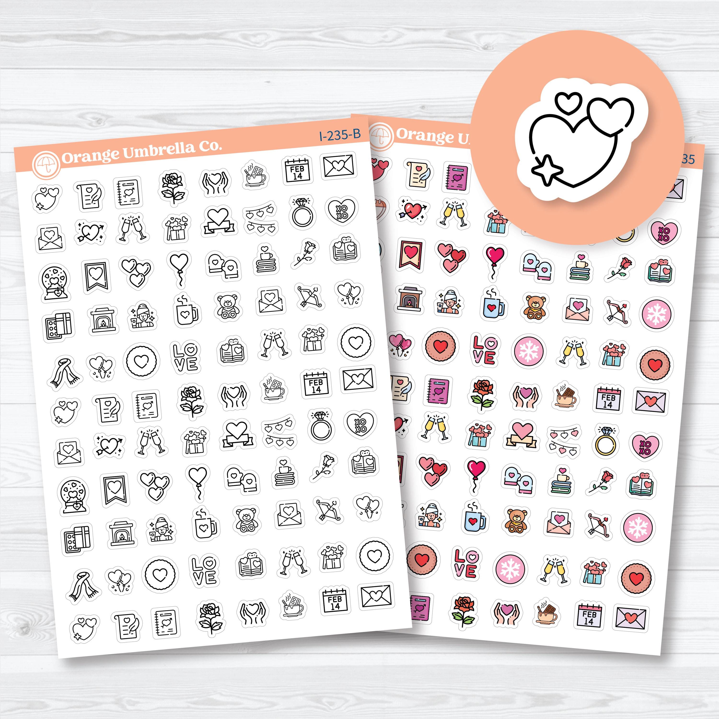 February and Valentine’s Day icon planner stickers sheet with hearts, gifts, and roses by Orange Umbrella Co