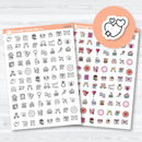 February and Valentine’s Day icon planner stickers sheet with hearts, gifts, and roses by Orange Umbrella Co