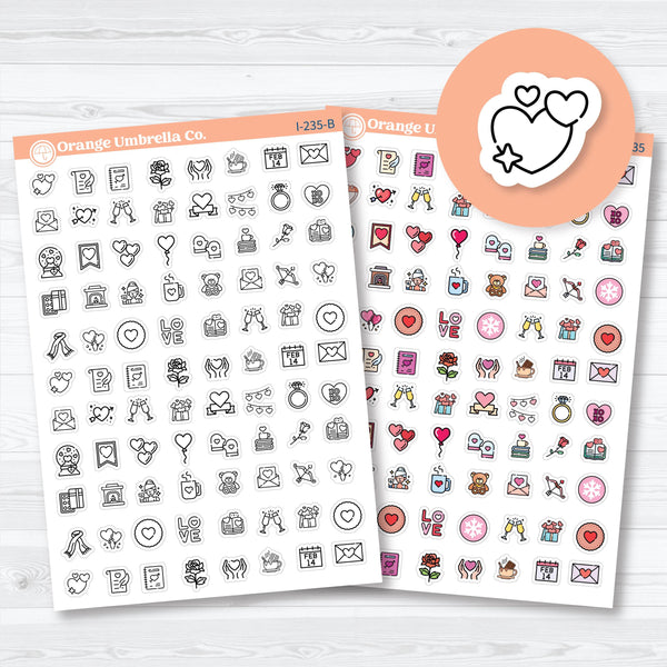 February and Valentine’s Day icon planner stickers sheet with hearts, gifts, and roses by Orange Umbrella Co