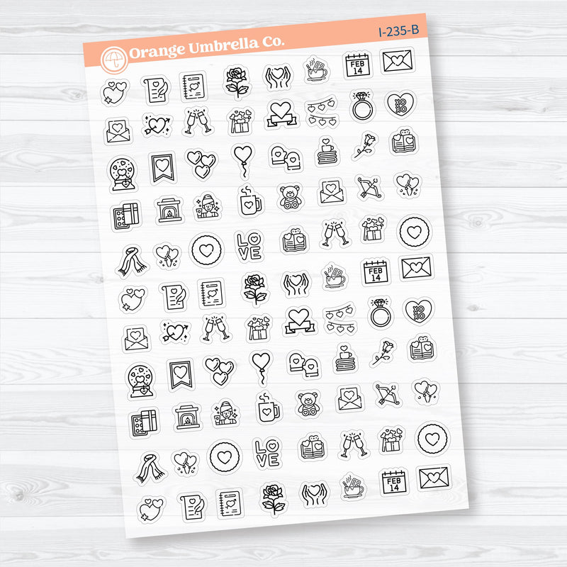 February and Valentine's Day Clear Matte Icon Planner Stickers | Functional Planner Icons | I-235-CM