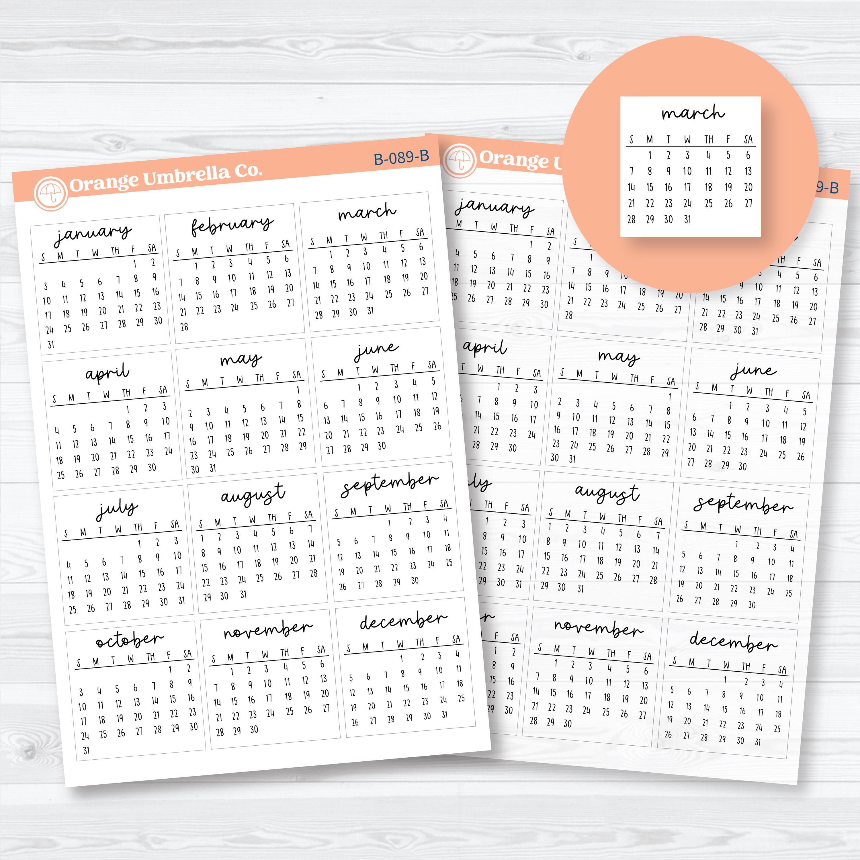 2027 Mini Calendar planner stickers sheet with F17 script months by Orange Umbrella Co
