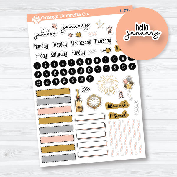 January Universal Journal Kit F18 planner stickers sheet with neutral labels, date dots, and monthly icons by Orange Umbrella Co