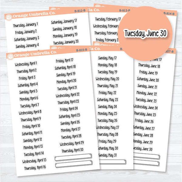 2026 monthly date stickers in F18 print for planners and journals, white matte sheets January through June by Orange Umbrella Co.