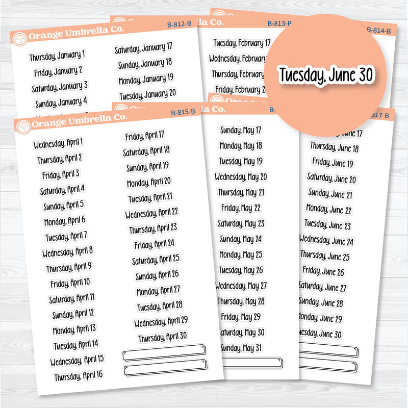2026 monthly date stickers in F18 print for planners and journals, white matte sheets January through June by Orange Umbrella Co.