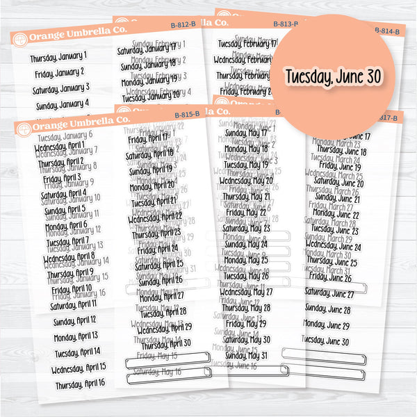 2026 monthly date stickers in F18 print on clear matte permanent sticker paper, January–June sheets by Orange Umbrella Co.