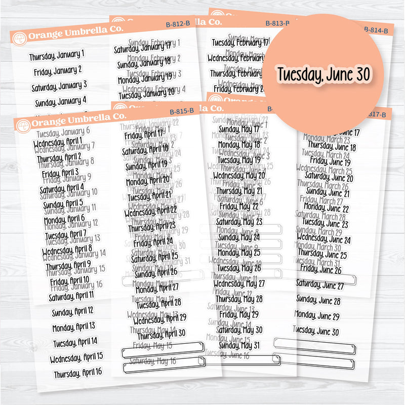 2026 monthly date stickers in F18 print on clear matte permanent sticker paper, January–June sheets by Orange Umbrella Co.