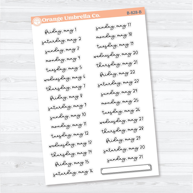 2026 Dates of the Month Planner Stickers | F18 Script | January–June | B-824–829-B