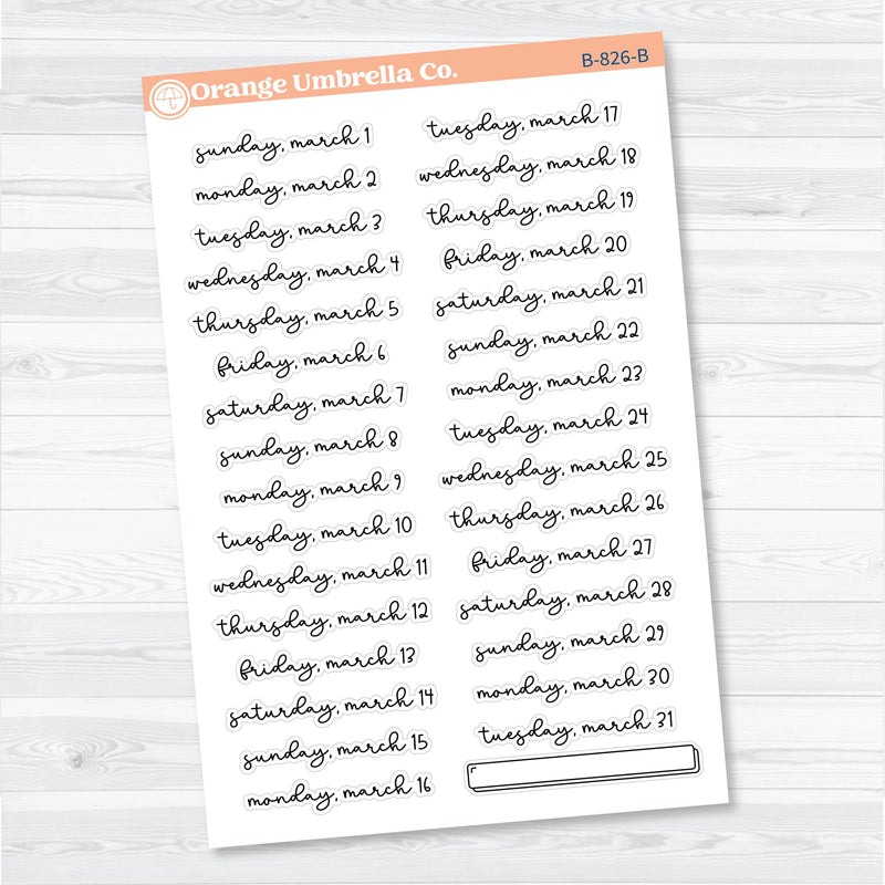 2026 Dates of the Month Planner Stickers | F18 Script | January–June | B-824–829-B